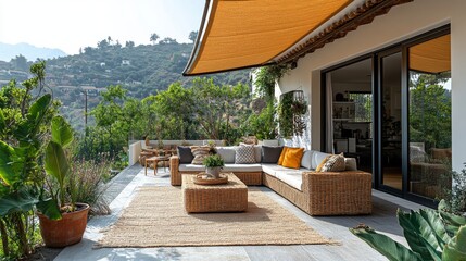 Aufkleber - A stylish outdoor seating area features comfortable furniture and colorful cushions, surrounded by lush greenery and mountain views under a bright sky.