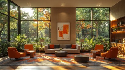 Aufkleber - A spacious lounge area features orange and neutral furniture, surrounded by lush greenery. Sunlight streams through large windows, creating a warm, inviting atmosphere.