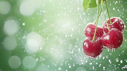 Wall Mural -   A few cherries hang from a tree with water drops on the leaves and a green glow in the background