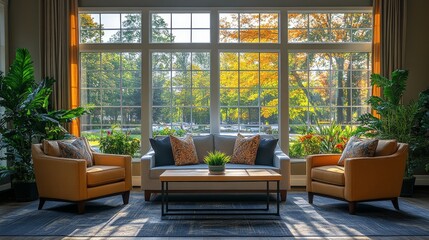 Poster - Bright and inviting living area features a comfortable gray sofa and two orange chairs. Large windows reveal a view of colorful autumn trees and sunlight flooding the room.