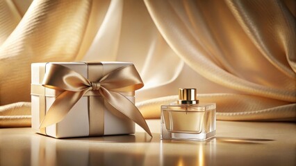 Wall Mural - Elegant Gift Set A Luxurious Perfume and Beautifully Wrapped Present on a Shimmering Fabric