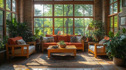 Poster - Sunlight floods a cozy living room adorned with vibrant orange couches, a wooden coffee table, and numerous houseplants, creating a tranquil atmosphere perfect for relaxation.