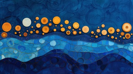 Wall Mural -   A blue ocean painting with orange circles and a white center dot represents waves of blue and orange circles