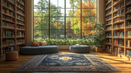 Aufkleber - A serene reading area features two cushioned seats and a vibrant rug, with large windows revealing colorful autumn trees outside, inviting relaxation and enjoyment of books.