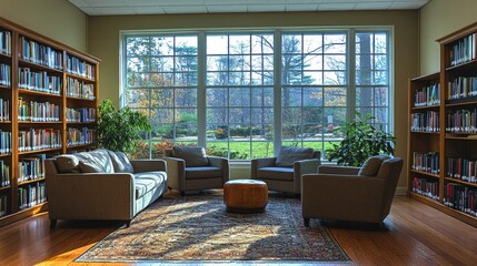 Poster - Plush armchairs circle a wooden table in a bright corner of a library, where large windows offer a view of a peaceful outdoor garden filled with greenery.