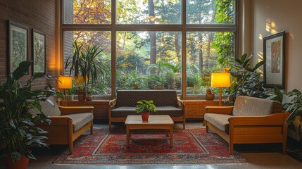 Aufkleber - Bright and inviting indoor space features comfortable seating, lush plants, and large windows allowing natural light to fill the room, creating a peaceful atmosphere.