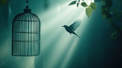 Wall Mural -   Bird flying away from cage with tree branch in foreground; sun shining