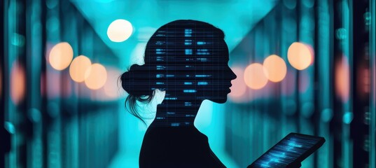 Sticker - Female Silhouette with Digital Data in Server Room Background