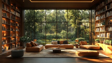 Wall Mural - Spacious living room featuring cozy seating, a rich wooden floor, and a stunning view of nature through large windows. Bright and inviting atmosphere enhances the cozy vibe.