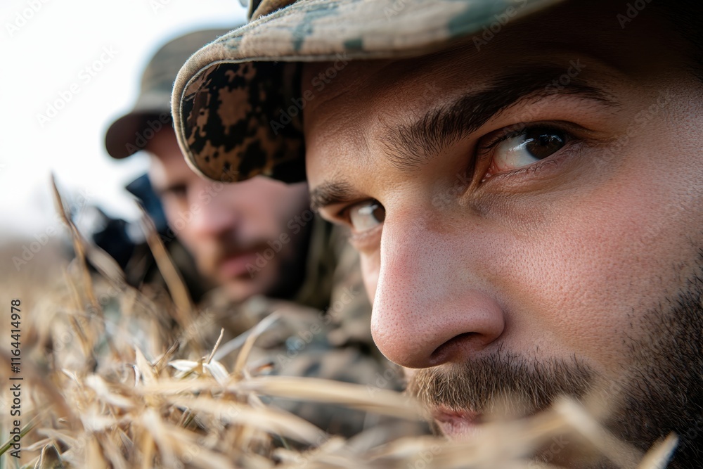 Two camouflaged soldiers lie low in the grass, demonstrating intense ...