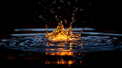 Poster - Water splash creating ripples with orange glow at night