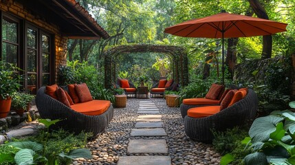 Poster - A charming outdoor seating arrangement features comfortable wicker chairs with orange cushions, surrounded by vibrant plants and trees in a serene garden setting.