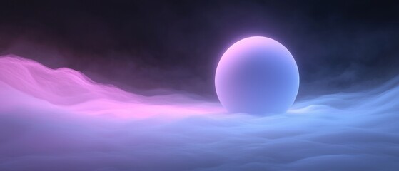 Wall Mural - A large, glowing orb is floating in the sky above a misty, purple