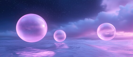 Wall Mural - Three large, floating, purple spheres in a body of water