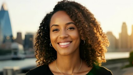 Wall Mural - A portrait of a smiling young woman with curly hair, radiating warmth and positivity. Captures a close-up of natural beauty and genuine happiness.