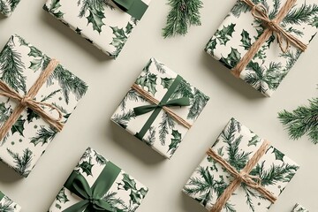 Festive Green Holly Pine Christmas Gift Wrap Presents