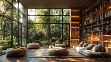 Leinwandbilder - A serene reading space features comfortable cushions and bookshelves, surrounded by large windows that reveal a vibrant garden, inviting peace and tranquility.