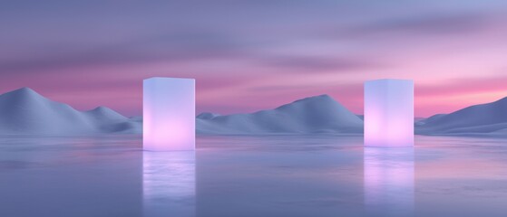 Two glowing cubes are floating in the water, creating a serene