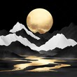 © Ravi - Black and white mountain line arts and gold moon wallpaper, luxury landscape background design for cover, invitation background, packaging design, fabric, and print. Vector illustration, Generative Ai