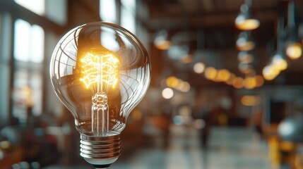 Poster - A glowing light bulb illuminates a stylish, modern indoor space, symbolizing creativity and innovation.