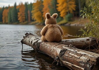 Lonely brown teddy bear hugs fluffy stuffed toy bunny sitting on fallen birch tree trunk near tranquil river on autumn day backside view