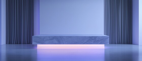 Wall Mural - A white room with a blue curtain and a white table with a purple light on it