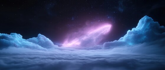 Wall Mural - A purple comet is flying through the sky above a cloudy, starry night