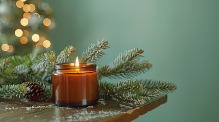 Canvas Print - Scented candle in an amber glass jar and pine branches on a wooden table 