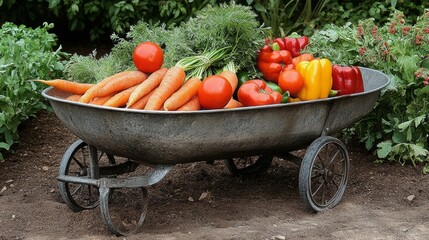 Wall Mural - Freshly harvested vegetables arranged in a wagon on a sunny day in the garden