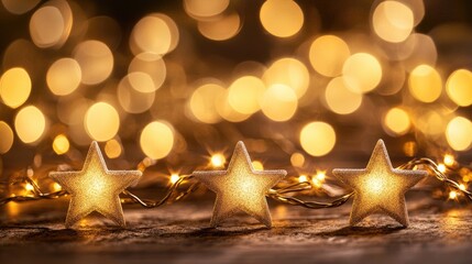 Poster - bokeh background of glowing stars with warm golden lights for festive or holiday themes