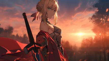 Wall Mural - A warrior stands confidently against a sunset backdrop, holding a sword with determination.