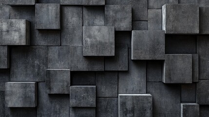Poster - Textured Black Anthracite Concrete Wall with Geometric Block Patterns in Panoramic View