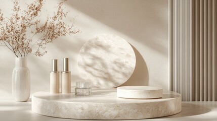 Poster - Minimalist aesthetic display of beauty cosmetic products on elegant marble and glass podium with soft lighting and natural decor elements