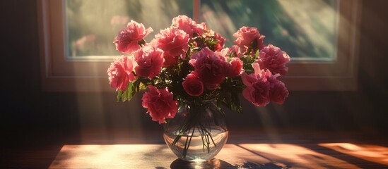 Poster - elegant pink flower bouquet in a glass vase highlighting natural light streaming through a window cr