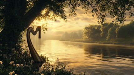 Wall Mural - A serene landscape featuring a beautifully crafted harp positioned beside a tranquil river at sunset. The scene is illuminated by warm golden hues, creating a magical atmosphere as the sun sets behind