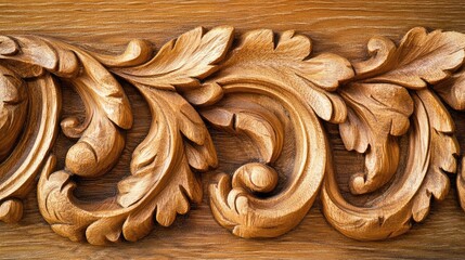 Poster - Elegant wooden carving texture showcasing intricate leaf designs ideal for background use in carpentry or design projects.