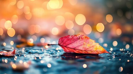 Poster - Colorful Bokeh Background with Water Droplets on a Leaf Capturing Autumn's Essence and Dreamy Atmosphere