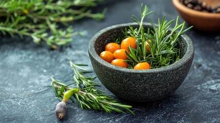 Poster - Natural bowl of Bog rosemary fruits and fresh rosemary sprigs on a dark stone background showcasing organic ingredients and culinary creativity.
