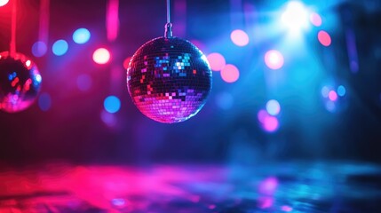 Poster - Colorful bokeh background with disco ball reflecting vibrant lights for party and celebration themes