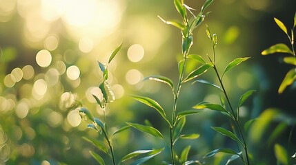 Poster - Soft bokeh background with green leaves in sunlight creating a serene and tranquil atmosphere ideal for nature or wellness themes