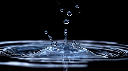 Poster - Water Droplets Splashing on Black Background Creating Ripple Effects in Liquid Surface