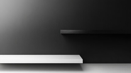 Poster - Sleek black and white wooden shelves against a minimalist backdrop ideal for product or decoration display in modern interior design
