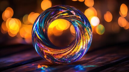 Poster - colorful bokeh abstract with luminous circular glass orb and vibrant lights against a blurred backgr