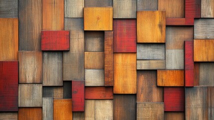 Poster - Textured wooden panels in various colors and shapes creating a rustic and artistic background design for creative projects and presentations.