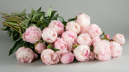 Poster - elegantly arranged soft pink peony flowers with lush greenery on a light gray background for a fresh