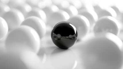 Poster - Black sphere standing out among a sea of white spheres symbolizing individuality and uniqueness in a minimalist design concept