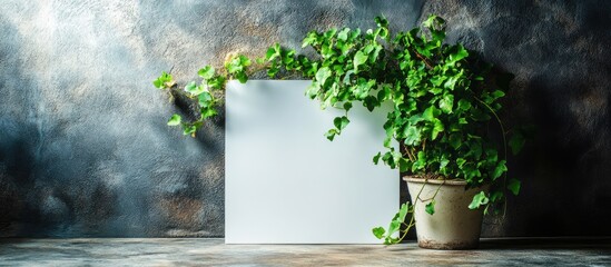 Poster - Potted greenery beside blank white sheet illuminated by natural light ideal for creative design and photography backgrounds