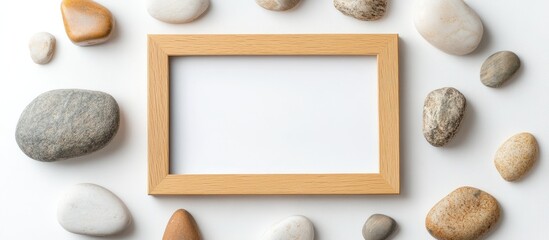 Poster - Wooden photo frame mockup with natural stones arrangement on a white background for creative display and design inspiration.