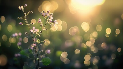 Poster - Soft bokeh effect with delicate flowers in the foreground and a warm sunlit background creating a dreamy atmosphere in nature.