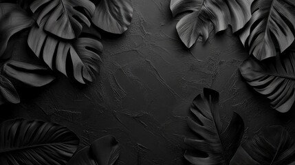 Poster - Elegant Black and White Textured Background with Tropical Leaves for Modern Design Use